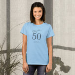 50th Birthday Party Grey Script Blue T-Shirt<br><div class="desc">Celebrate the milestone of turning 50 with this fabulous, personalized blue birthday t-shirt! With a chic and stylish design, this soft and comfortable tee is perfect for a birthday party or simply as a beautiful reminder of a special year. The customizable shirt features a bold '50' design that is sure...</div>