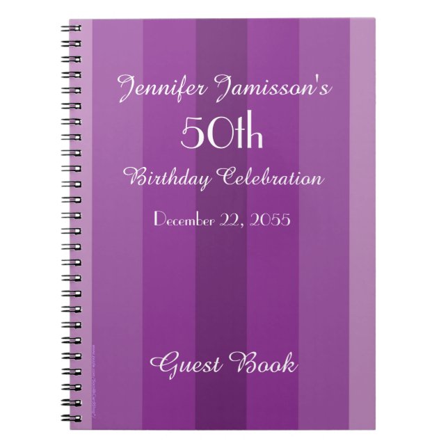 50th Birthday Party Guest Book Purple Stripe (Front)