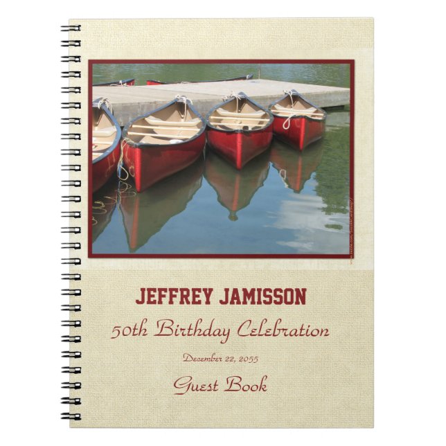50th Birthday Party Guest Book, Red Canoes Spiral Notebook (Front)