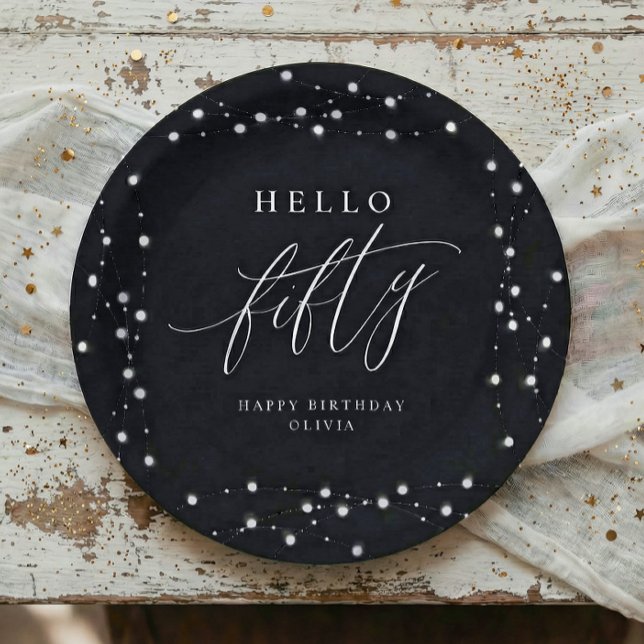50th Birthday Party Hello Fifty Modern Fun Paper Plate (Hello Fifty black and white 50th birthday paper plates with script and string lights)