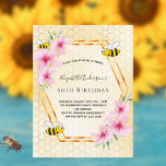50th birthday party honeycomb sweet bumble bees postcard<br><div class="desc">Elegant, fun, 50th birthday summer party invitation. Yellow, white background with a honeycomb pattern. With a faux gold geometric frame. Decorated with pink tropical florals flowers, hibiscus and happy bumble bees. The name is written with a modern hand lettered style script. Black letters. Perfect for a summer tea party in...</div>