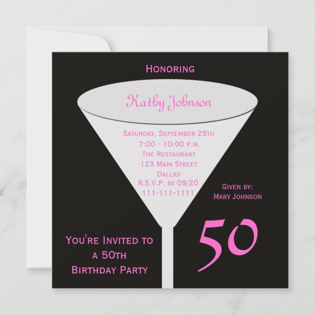 50th Birthday Party Invitation 50 in Pink (Front)