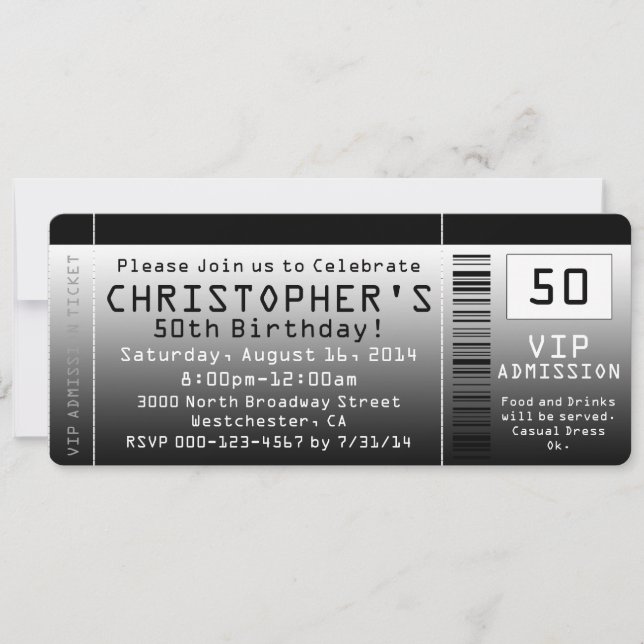 50th Birthday Party Invitation Black White Ticket (Front)