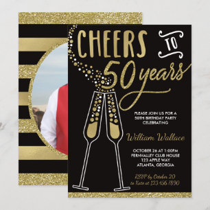 50th Birthday Party Invitation, Gold, Black Invitation