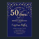 50th Birthday Party Invitation - Gold Navy Blue<br><div class="desc">50th Birthday Party Invitation.
Elegant design with faux glitter gold and navy blue. Cheers to 50 Years! Message me if you need further customization.</div>