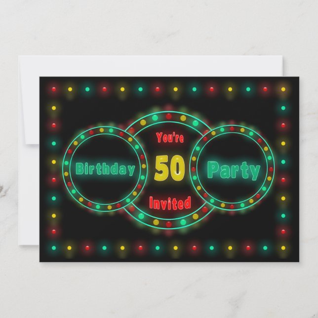 50TH BIRTHDAY PARTY INVITATION - NEON LIGHTS (Front)