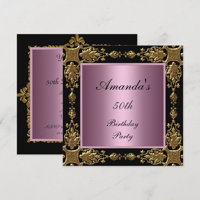 50th Birthday Party Invitation  pink black gold (Front/Back)