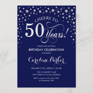 50th Birthday Party Invitation - Silver Navy Blue