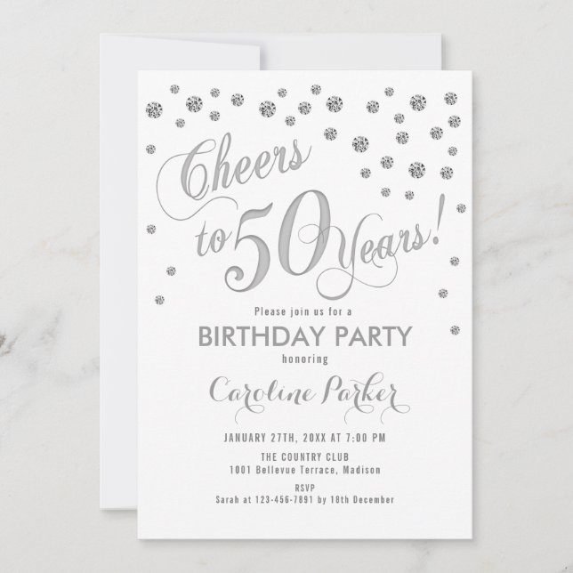 50th Birthday Party Invitation - Silver White (Front)