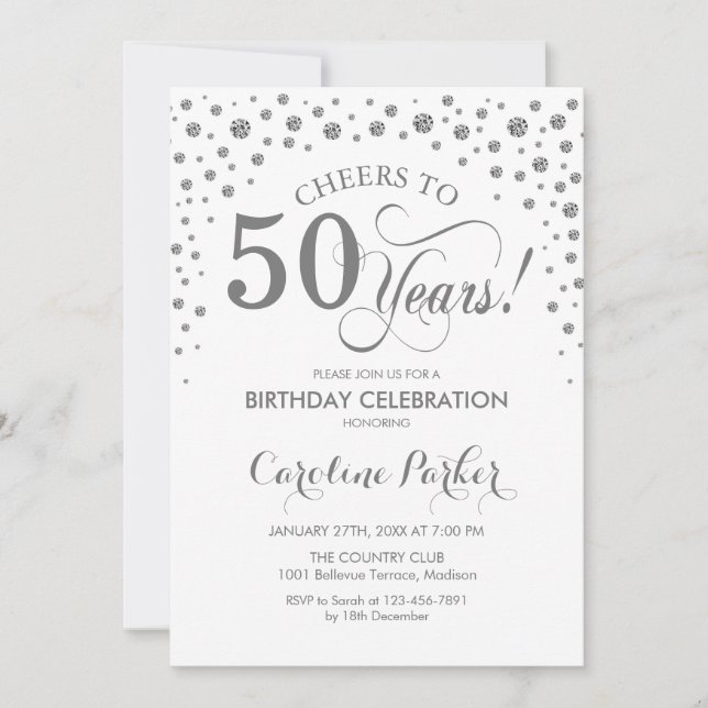 50th Birthday Party Invitation - Silver White (Front)