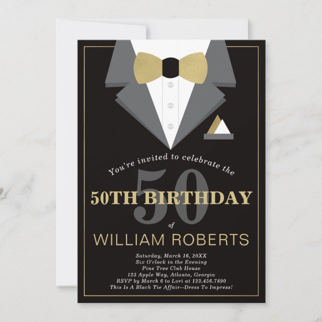 50th Birthday Party Invitation, Tuxedo Invitation (Front)