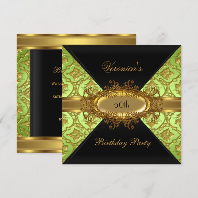 50th Birthday Party Lime Green Gold Black Damask Invitation (Front/Back)