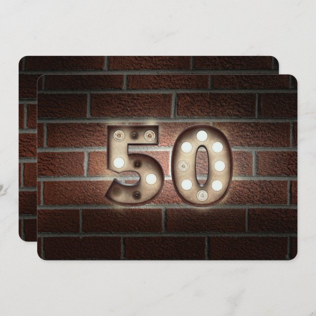 50th Birthday Party-marquee lights on brick Invitation (Front/Back)