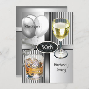 50th Birthday Party Mens Drinks Balloons Silver Invitation
