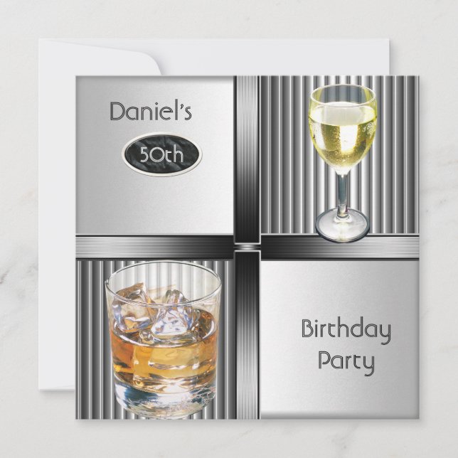 50th Birthday Party Mens Drinks Metal Black Silver Invitation (Front)