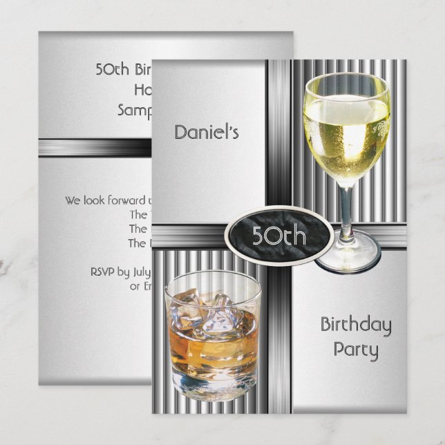 50th Birthday Party Mens Drinks Metal Black Silver Invitation (Front/Back)