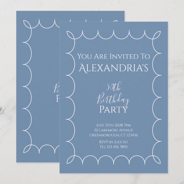 50th Birthday Party Modern Blue Wavy Border Invitation (Front/Back)