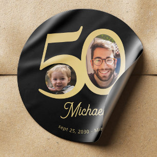 50th birthday party modern gold black photo classic round sticker