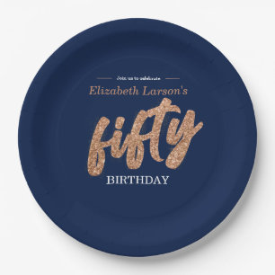 50th Birthday Party Modern Gold & Blue   Fifty Paper Plate