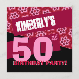50th Birthday Party Modern Red Black Pink G32 Invitation