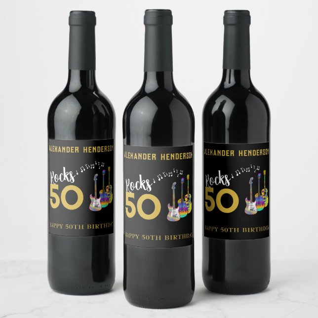 50th Birthday Party Name Guitars Music Rocks 50 Wine Label (Bottles)