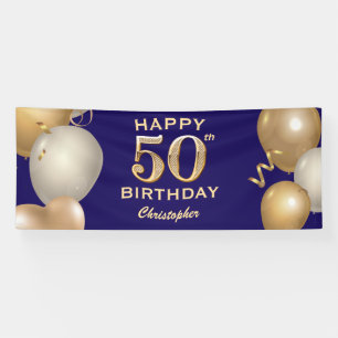 50th Birthday Party Navy Blue and Gold Balloons Banner