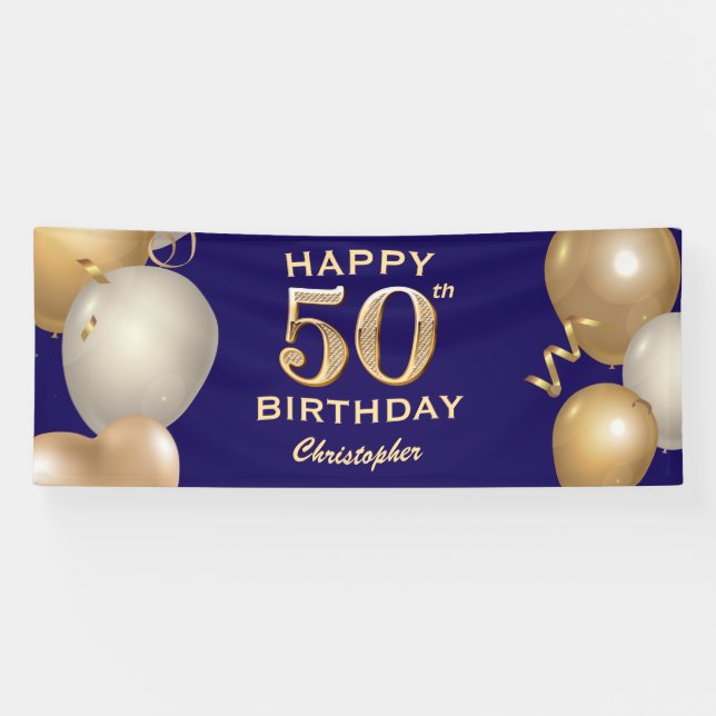 50th Birthday Party Navy Blue and Gold Balloons Banner (Horizontal)