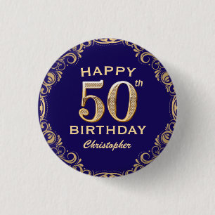 50th Birthday Party Navy Blue and Gold Glitter 1 Inch Round Button