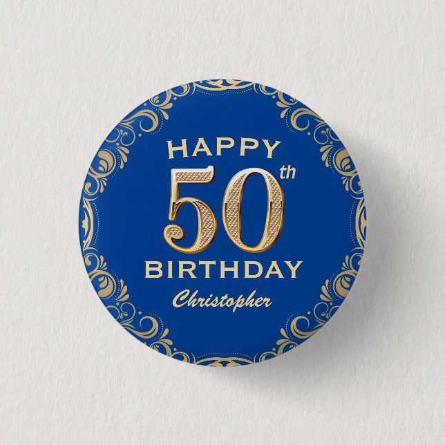 50th Birthday Party Navy Blue and Gold Glitter 1 Inch Round Button (Front)