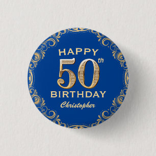 50th Birthday Party Navy Blue and Gold Glitter 1 Inch Round Button