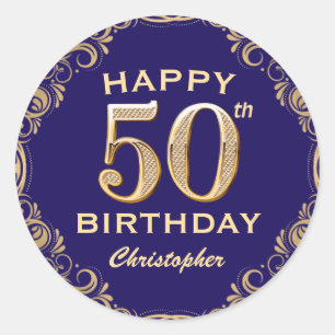 50th Birthday Party Navy Blue and Gold Glitter Classic Round Sticker
