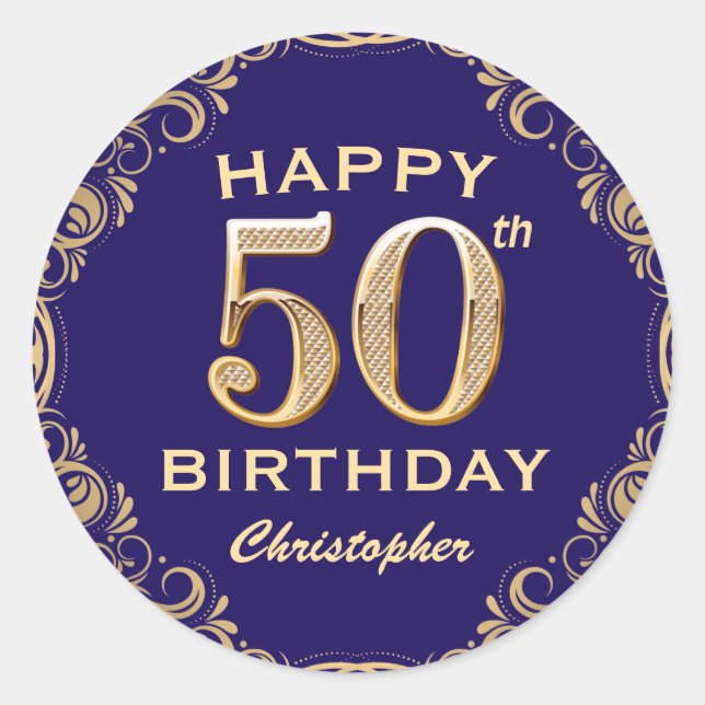 50th Birthday Party Navy Blue and Gold Glitter Classic Round Sticker (Front)