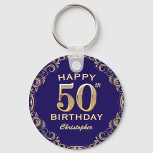 50th Birthday Party Navy Blue and Gold Glitter Keychain