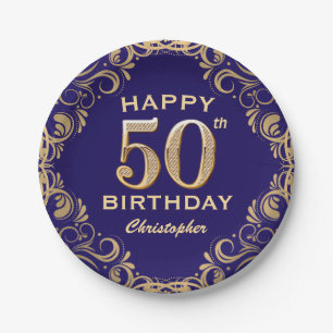 50th Birthday Party Navy Blue and Gold Glitter Paper Plate