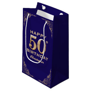 50th Birthday Party Navy Blue and Gold Glitter Small Gift Bag
