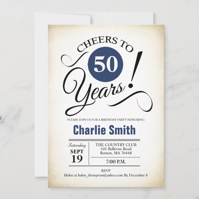 50th Birthday Party - Navy Blue Black White Invitation (Front)