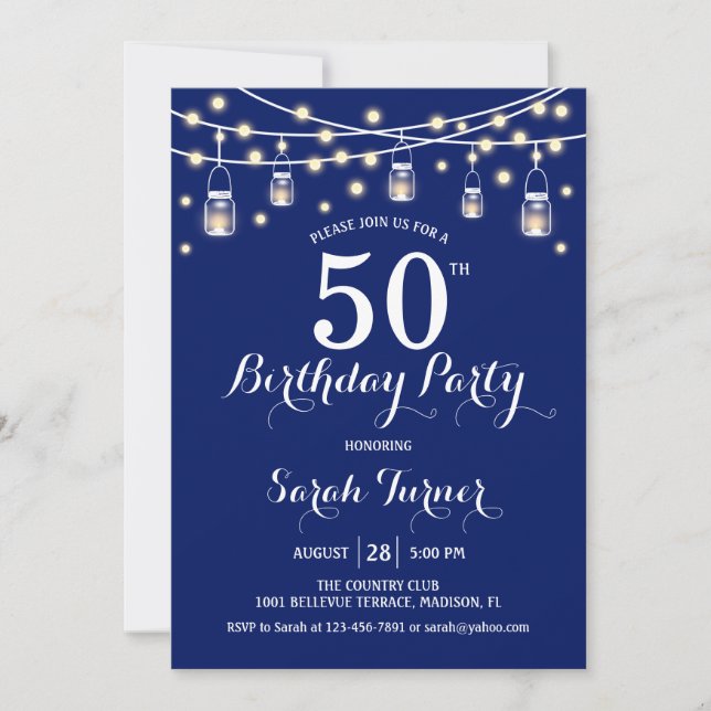 50th Birthday Party - Navy Blue Invitation (Front)
