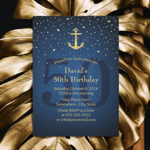 50th Birthday Party Navy Blue Nautical Gold Anchor Invitation