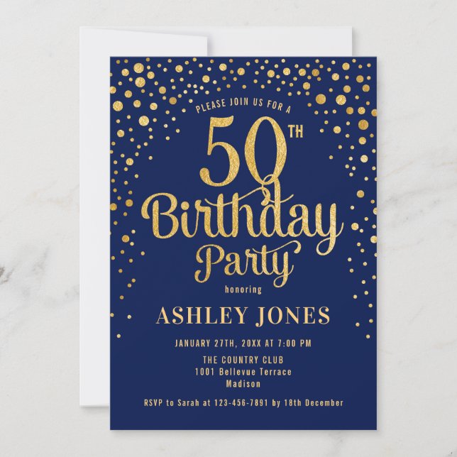 50th Birthday Party - Navy & Gold Invitation (Front)