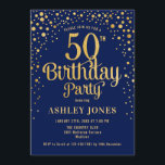 50th Birthday Party - Navy & Gold Invitation<br><div class="desc">50th Birthday Party Invitation.
Elegant design in navy blue and faux glitter gold. Features stylish script font and confetti. Message me if you need custom age.</div>
