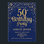 50th Birthday Party - Navy & Gold Invitation<br><div class="desc">50th Birthday Party Invitation.
Elegant design in navy blue and faux glitter gold. Features stylish script font and confetti. Message me if you need custom age.</div>