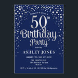 50th Birthday Party - Navy & Silver Invitation<br><div class="desc">50th Birthday Party Invitation.
Elegant design in dark navy blue and faux glitter silver. Features stylish script font and confetti. Message me if you need custom age.</div>