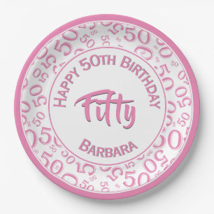 50th Birthday Party Number Pattern Pink/White 50 Paper Plate