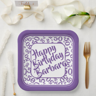 50th Birthday Party Number Pattern Purple/White Paper Plate