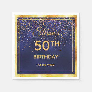 50th birthday party on midnight blue gold confetti napkin