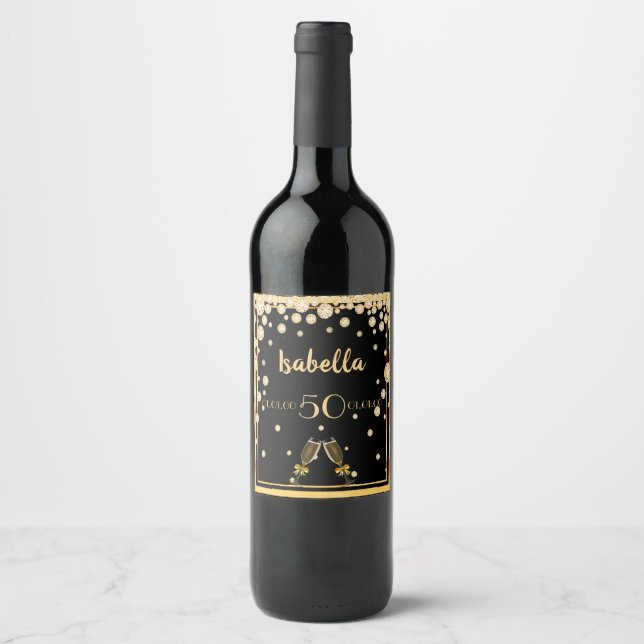 50th birthday party on stylish black gold diamonds wine label (Front)