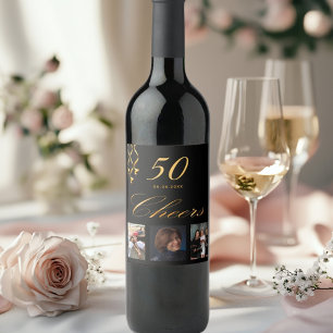 50th birthday party photo black gold cheers script wine label
