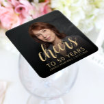 50th Birthday Party Photo Cheers Square Paper Coaster<br><div class="desc">This custom 50th birthday paper coaster features the guest of honour's personalized photo,  name,  and birthday,  along with the word "Cheers" in elegant gold-coloured calligraphy script. A dark screen helps make the text pop. A great way to celebrate someone who's turning fifty!</div>