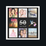 50th birthday party photo collage black napkin<br><div class="desc">A napkin for a girly 50th birthday party,  celebrating her life with a collage of 8 of your photos.  Templates for a name,  age 50 and a date.  Date of birth or the date of the party.  White and grey coloured letters.  Black background.</div>