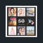 50th birthday party photo collage black napkin<br><div class="desc">A napkin for a girly 50th birthday party,  celebrating her life with a collage of 8 of your photos.  Templates for a name,  age 50 and a date.  Date of birth or the date of the party.  White and grey coloured letters.  Black background.</div>